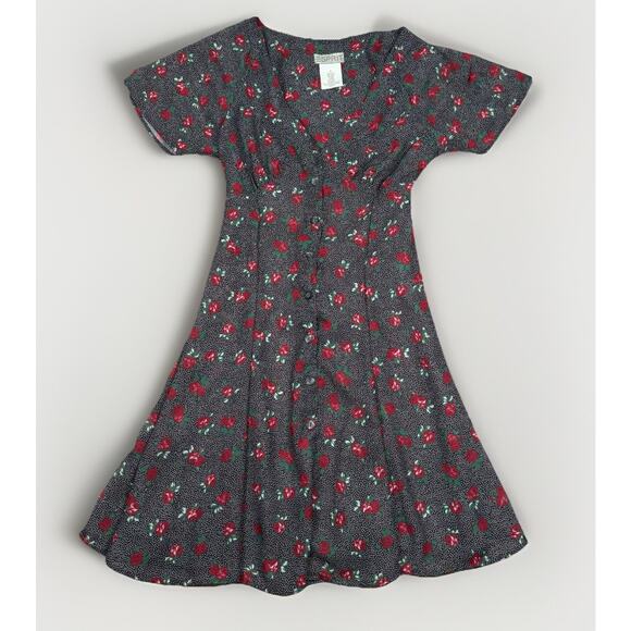 Vintage Esprit Mini Dress Black Floral Y2K 90's Red Roses Women's Size Medium - Picture 1 of 7